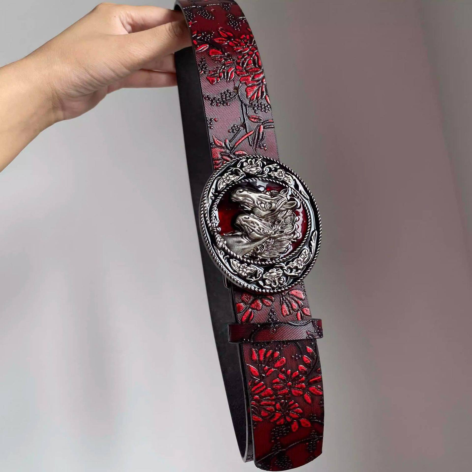 Vintage Fashion Outfits Men - Vintage Red Floral Waist Belt Embossed