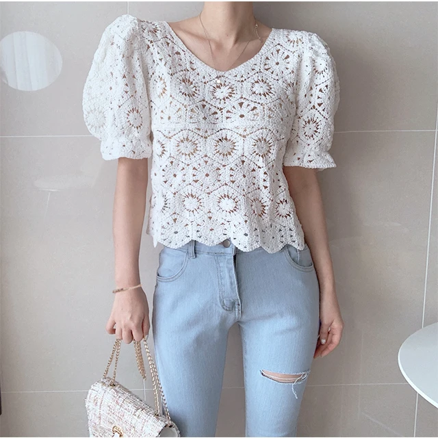 Crochet Lace Top Puff Sleeve H - Crochet Top Boho recension och pris