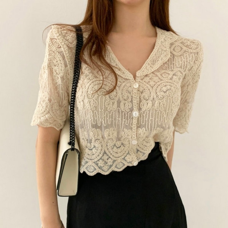 Sheer Embroidery Lace Blouse C - Crochet Top Boho recension och pris