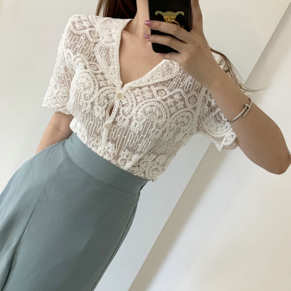 Sheer Embroidery Lace Blouse C - Crochet Top Boho recension och pris